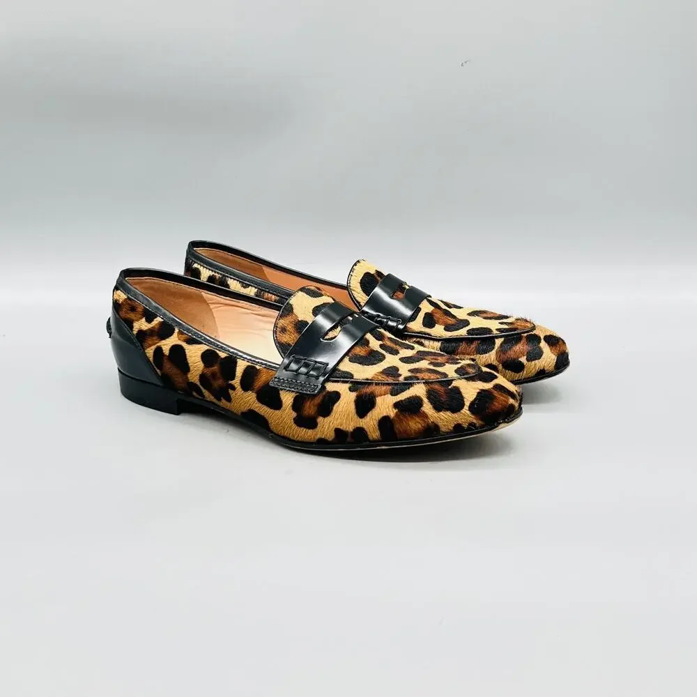 J Crew Shoes Womens 7.5 Brown Leopard Print Leather Penny Loafer Flats Slip On